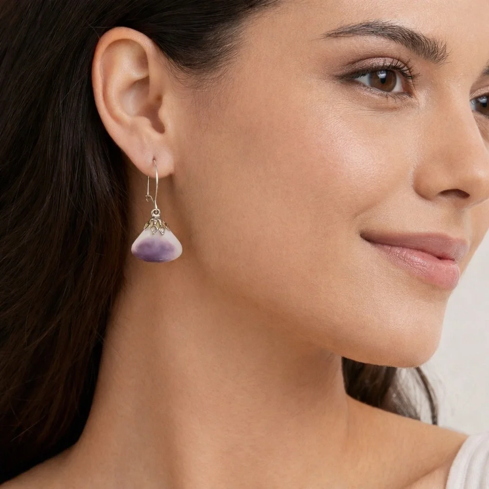 Wampum Shell Dangle Earrings | Purple & White Natural Shell Silver Hook